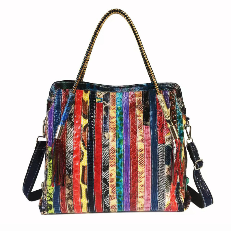 Ženska tote torba od prave kože sa snake uzorkom, patchwork šavovi i resice, za nošenje na rame ili crossbody, šarena, velika, udobna za svakodnevnu upotrebu