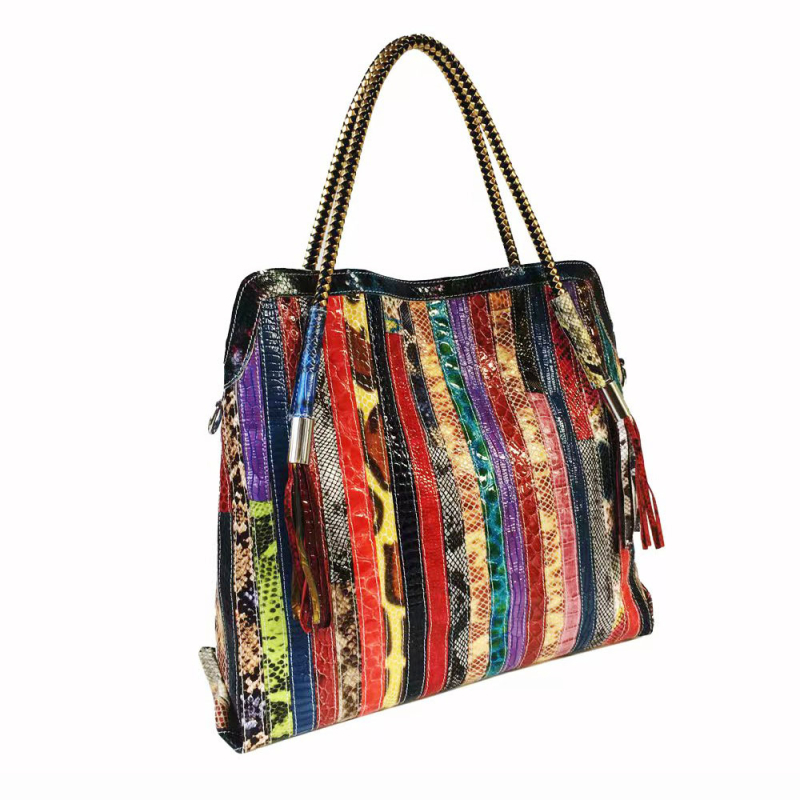 Ženska tote torba od prave kože sa snake uzorkom, patchwork šavovi i resice, za nošenje na rame ili crossbody, šarena, velika, udobna za svakodnevnu upotrebu