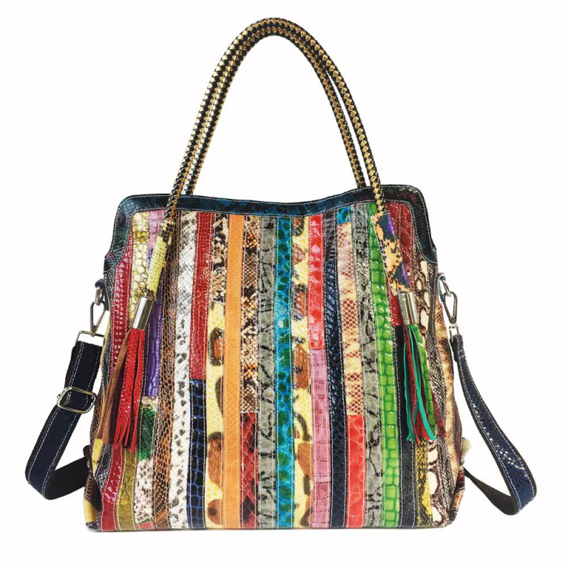 Ženska tote torba od prave kože sa snake uzorkom, patchwork šavovi i resice, za nošenje na rame ili crossbody, šarena, velika, udobna za svakodnevnu upotrebu