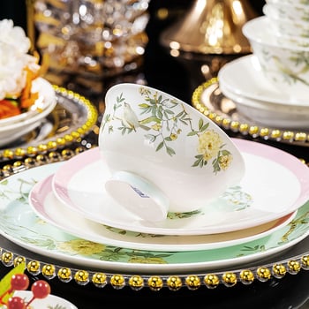 Set de veselă din porțelan cu os, decor sub glazură — boluri și farfurii în stil chinezesc modern