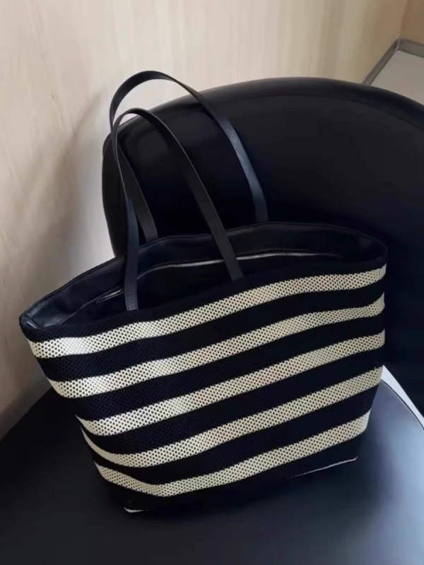 Crno-bijela prugasta tote torba, pletena, velika kapaciteta, za žene, lagana za odmor