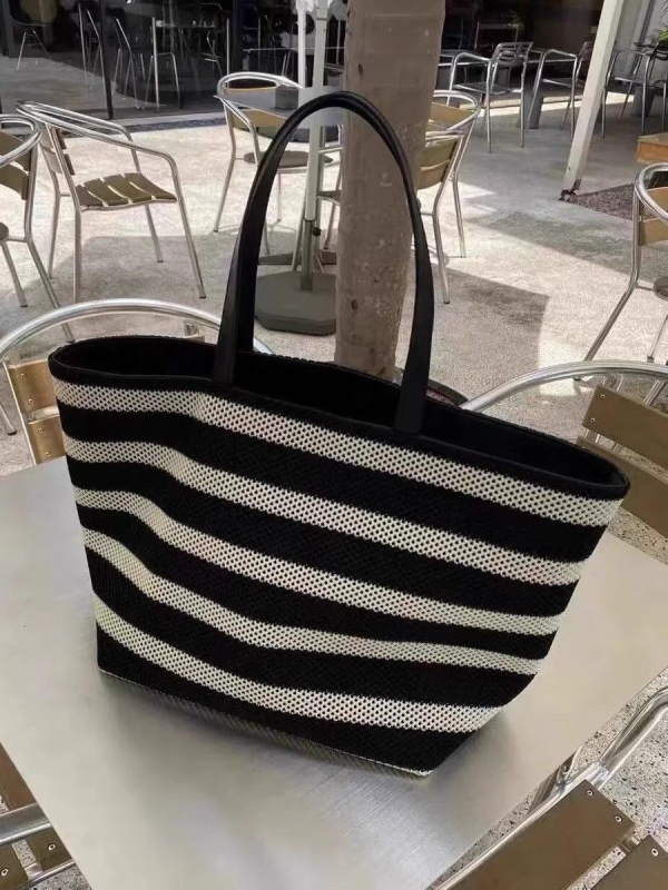 Crno-bijela prugasta tote torba, pletena, velika kapaciteta, za žene, lagana za odmor