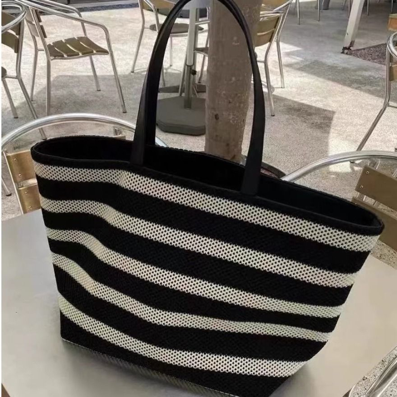Crno-bijela prugasta tote torba, pletena, velika kapaciteta, za žene, lagana za odmor