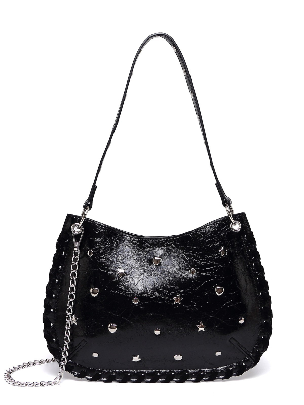 Mala ženska torba preko ramena ili crossbody, ručno tkana, s metalnim rivetima, pank stil lančani remen, za nošenje na rame ili preko tijela