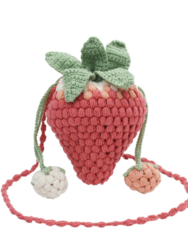 Slatka mini bucket torbica za ljeto 2025, inspirirana šumom, pletena crossbody torba s motivom crtane jagode, okrugli oblik, zatvaranje šnurlom, unutarnja zip džep