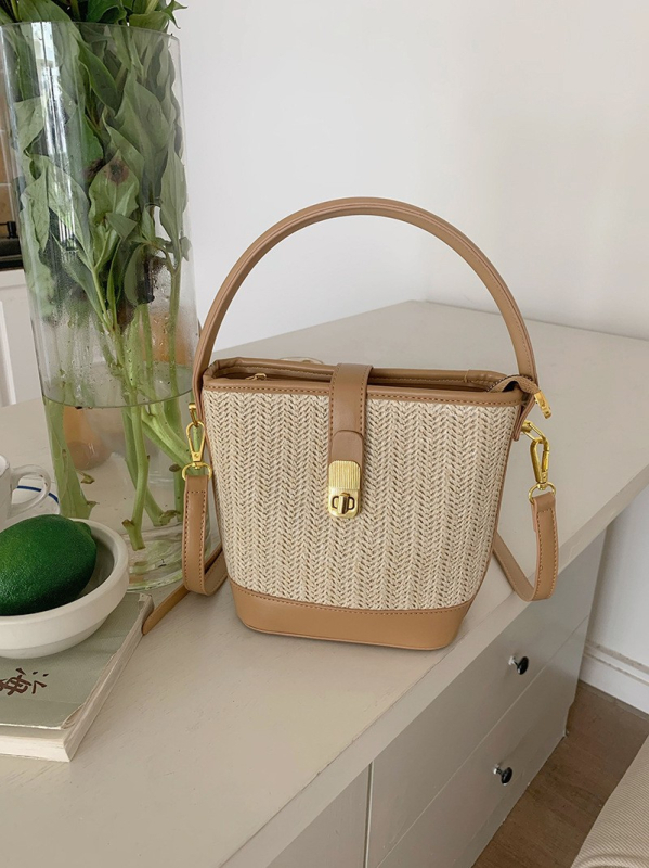 Ženska pletena slamnata torba, 2025 model, visokog kvaliteta, plažni stil, bucket torba s naramenicom