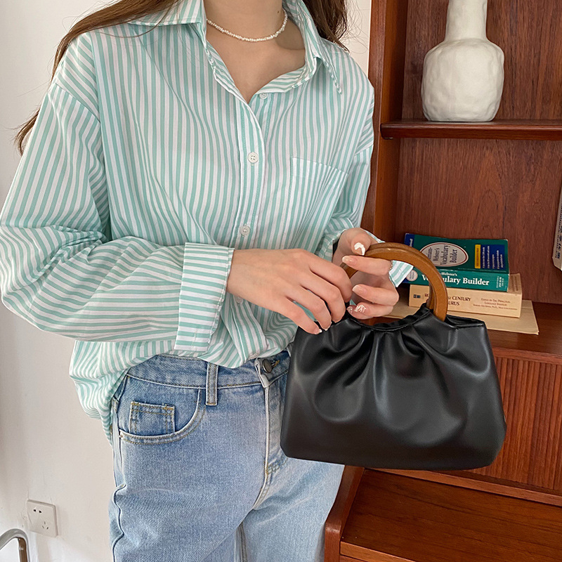 Elegantna retro torba s drvenom drškom, plisirani dizajn oblaka, ženska mala torba preko ramena