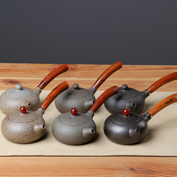 Ceainic japonez din ceramică pentru set Gongfu, ceainic ceramic cu mâner din lemn roșu, mic ceainic plat