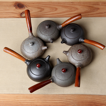 Ceainic japonez din ceramică pentru set Gongfu, ceainic ceramic cu mâner din lemn roșu, mic ceainic plat