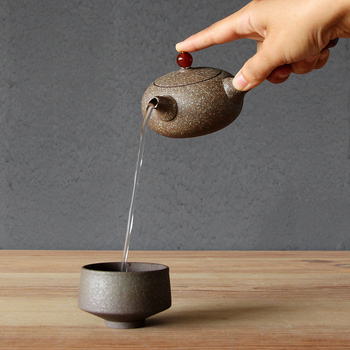 Ceainic japonez din ceramică pentru set Gongfu, ceainic ceramic cu mâner din lemn roșu, mic ceainic plat