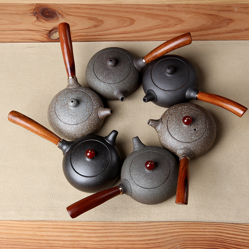 Ceainic japonez din ceramică pentru set Gongfu, ceainic ceramic cu mâner din lemn roșu, mic ceainic plat