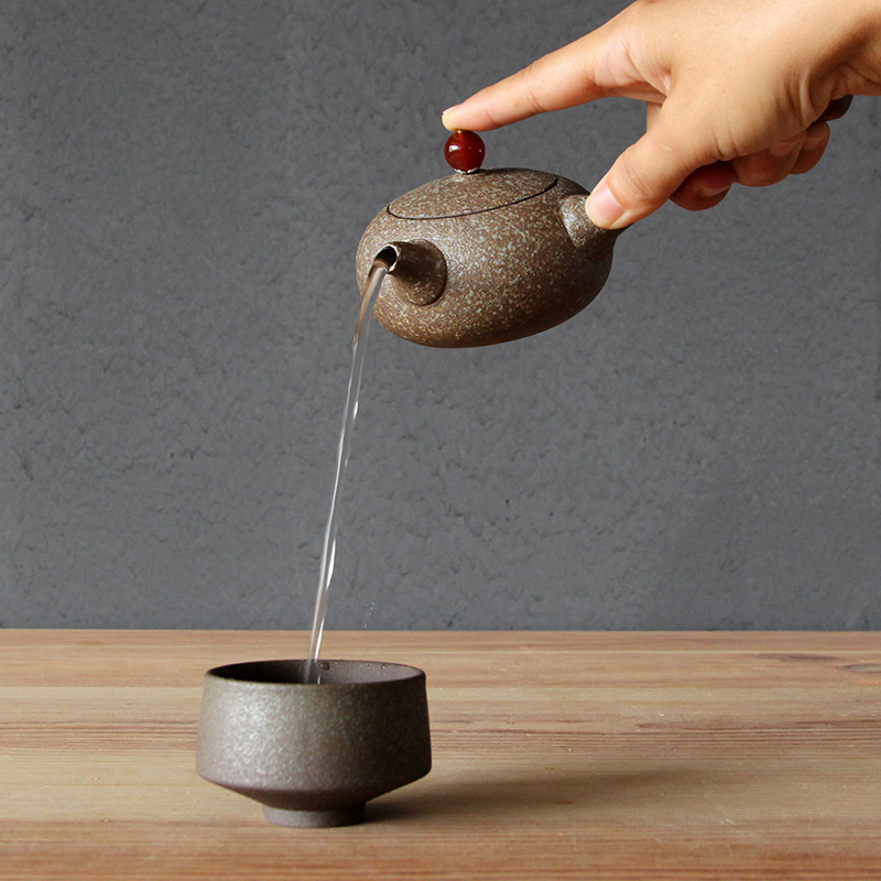 Ceainic japonez din ceramică pentru set Gongfu, ceainic ceramic cu mâner din lemn roșu, mic ceainic plat