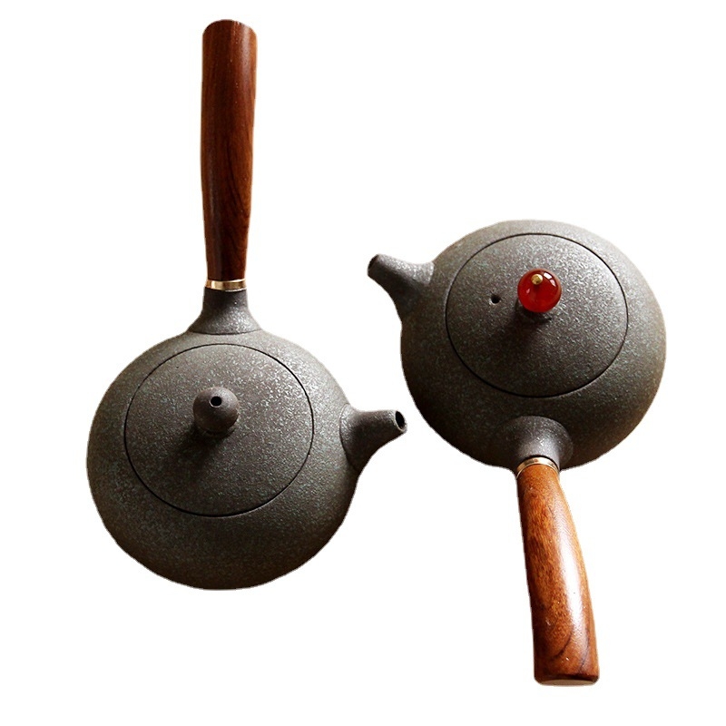 Ceainic japonez din ceramică pentru set Gongfu, ceainic ceramic cu mâner din lemn roșu, mic ceainic plat