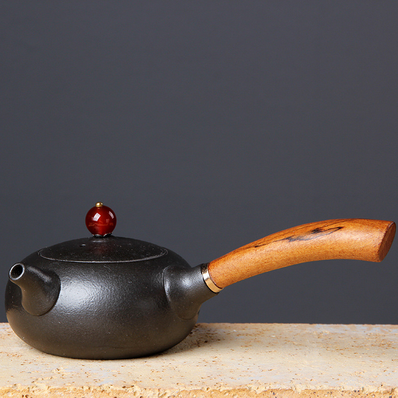 Ceainic japonez din ceramică pentru set Gongfu, ceainic ceramic cu mâner din lemn roșu, mic ceainic plat