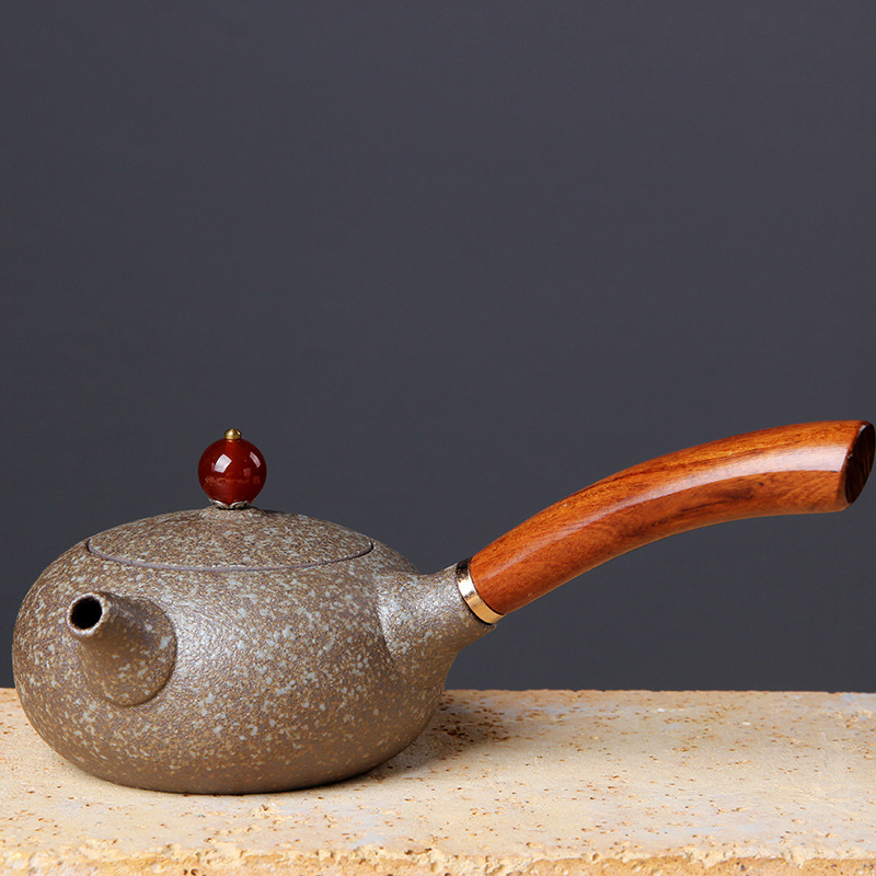 Ceainic japonez din ceramică pentru set Gongfu, ceainic ceramic cu mâner din lemn roșu, mic ceainic plat