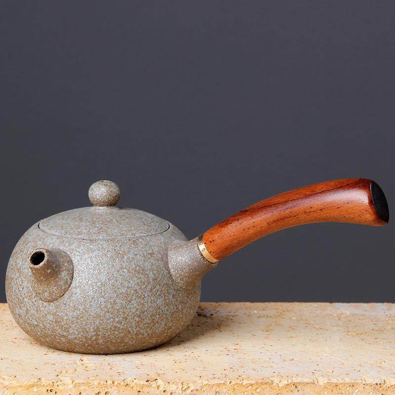 Ceainic japonez din ceramică pentru set Gongfu, ceainic ceramic cu mâner din lemn roșu, mic ceainic plat