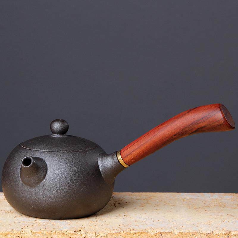Ceainic japonez din ceramică pentru set Gongfu, ceainic ceramic cu mâner din lemn roșu, mic ceainic plat