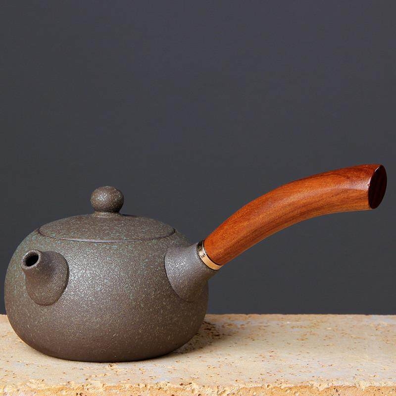 Ceainic japonez din ceramică pentru set Gongfu, ceainic ceramic cu mâner din lemn roșu, mic ceainic plat