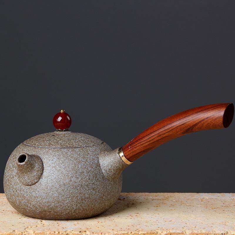Ceainic japonez din ceramică pentru set Gongfu, ceainic ceramic cu mâner din lemn roșu, mic ceainic plat