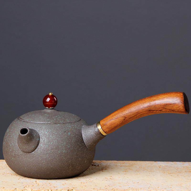 Ceainic japonez din ceramică pentru set Gongfu, ceainic ceramic cu mâner din lemn roșu, mic ceainic plat