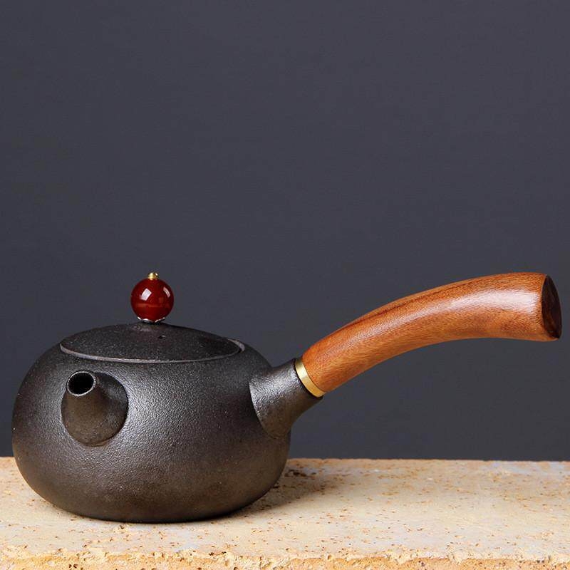 Ceainic japonez din ceramică pentru set Gongfu, ceainic ceramic cu mâner din lemn roșu, mic ceainic plat