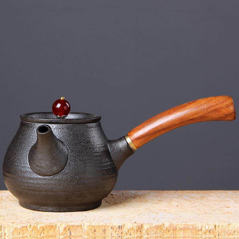 Ceainic japonez din ceramică pentru set Gongfu, ceainic ceramic cu mâner din lemn roșu, mic ceainic plat