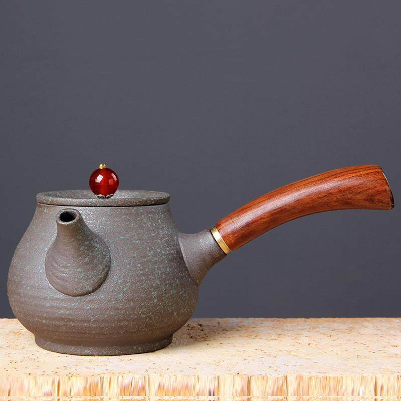 Ceainic japonez din ceramică pentru set Gongfu, ceainic ceramic cu mâner din lemn roșu, mic ceainic plat