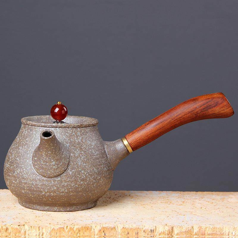 Ceainic japonez din ceramică pentru set Gongfu, ceainic ceramic cu mâner din lemn roșu, mic ceainic plat