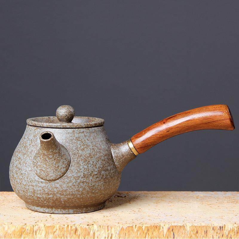 Ceainic japonez din ceramică pentru set Gongfu, ceainic ceramic cu mâner din lemn roșu, mic ceainic plat
