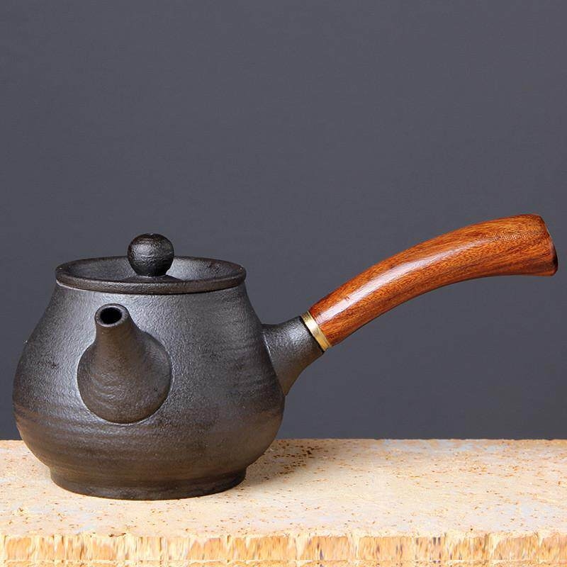 Ceainic japonez din ceramică pentru set Gongfu, ceainic ceramic cu mâner din lemn roșu, mic ceainic plat