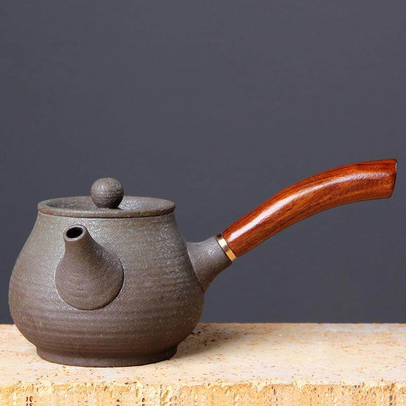 Ceainic japonez din ceramică pentru set Gongfu, ceainic ceramic cu mâner din lemn roșu, mic ceainic plat