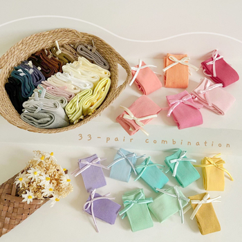 Παιδικές κάλτσες άνοιξης-καλοκαιριού με φιογκάκι, κορεατικού στυλ μεσαίου μήκους από βαμβάκι, μονόχρωμες ή με σχέδια κινουμένων σχεδίων, έντονες αποχρώσεις