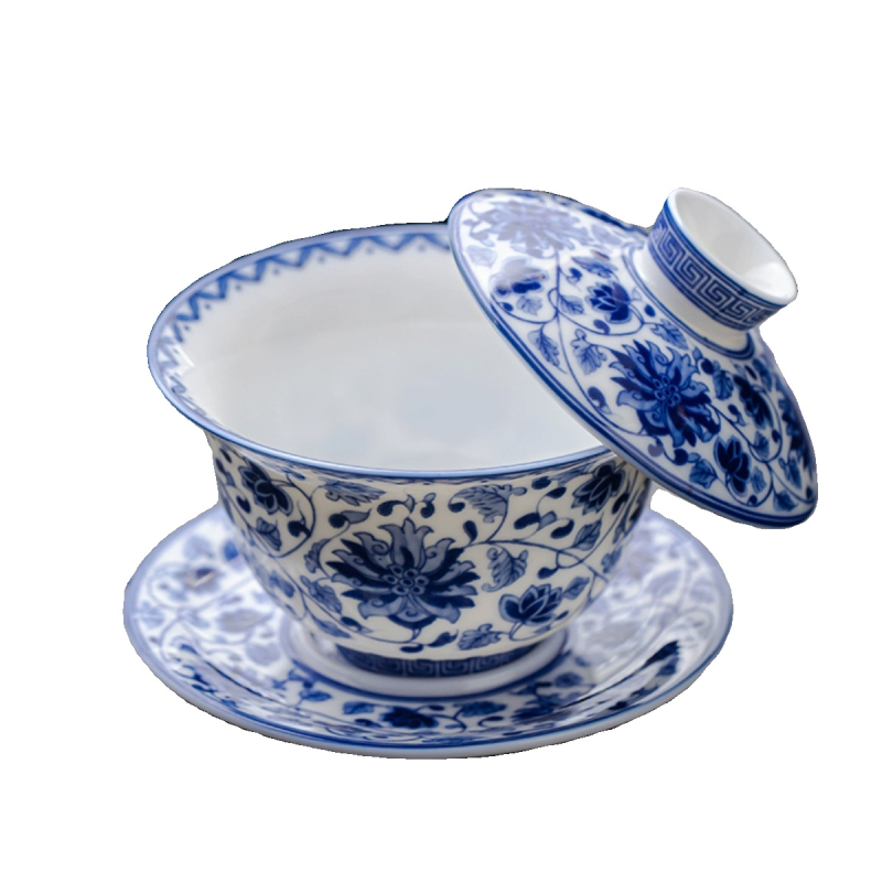Porțelan albastru-alb, bol cu capac în trei părți, motiv de lăstari de lotus înfășurați, glazură asemănătoare jadului, set ceramic pentru ceai, capacitate mare