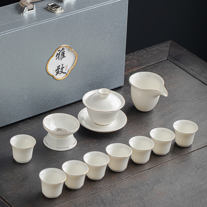 Gongfu teáskészlet fehér porcelánból, testreszabható logóval, ajándékdoboz