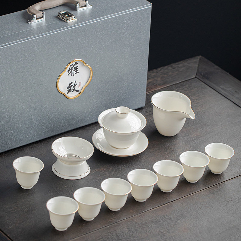 Gongfu teáskészlet fehér porcelánból, testreszabható logóval, ajándékdoboz