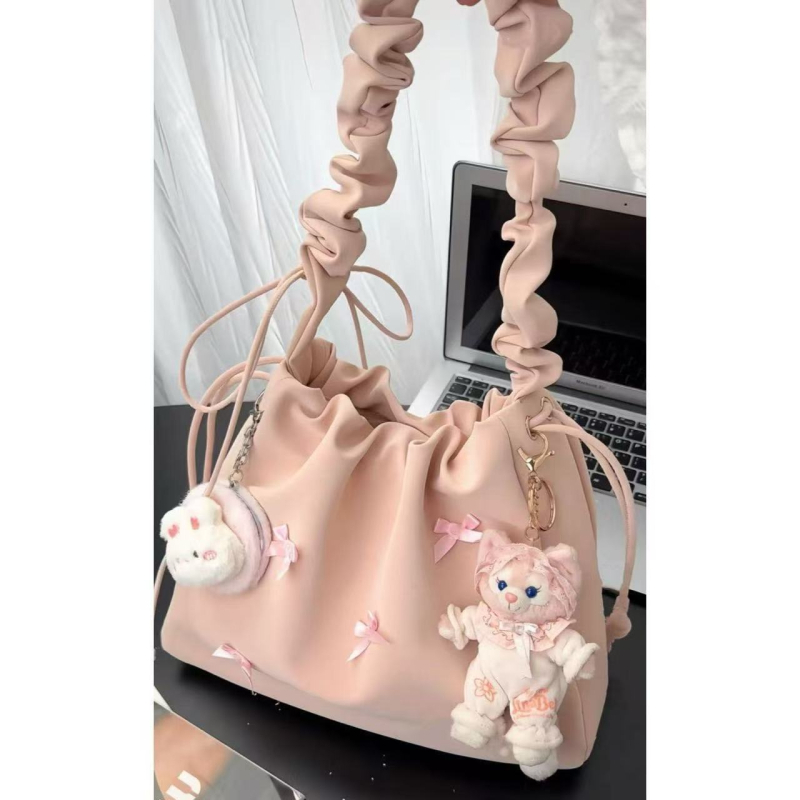 Bucket torba s mašnicom, plisirana naramenica, dizajn oblaka, baletni nadahnuće, svestrana crossbody torba na jedno rame