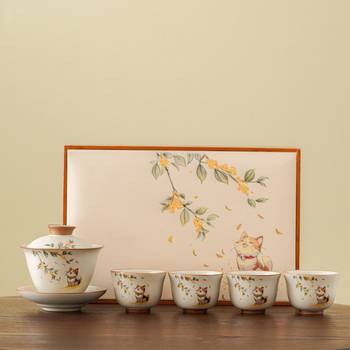Set de ceai Kung Fu din porțelan Ru Kiln, pentru casă și birou, sală de ceai și recepții, inclusiv gaiwan și cești, set cadou premium