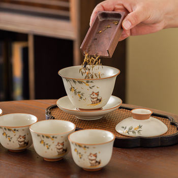 Set de ceai Kung Fu din porțelan Ru Kiln, pentru casă și birou, sală de ceai și recepții, inclusiv gaiwan și cești, set cadou premium