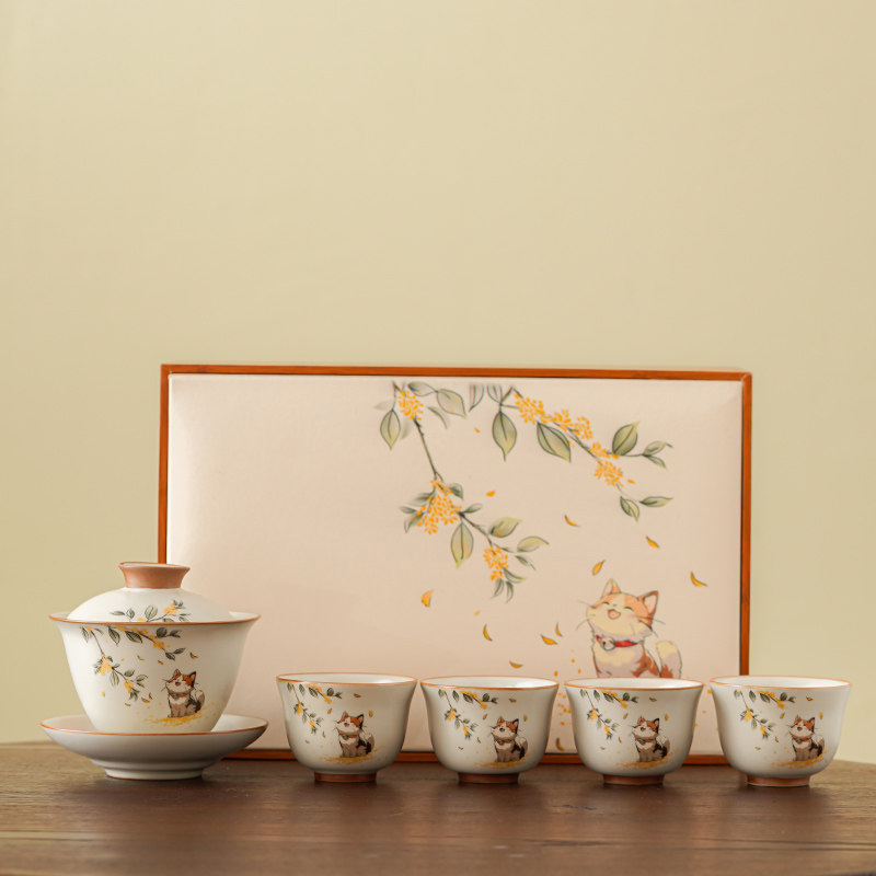 Set de ceai Kung Fu din porțelan Ru Kiln, pentru casă și birou, sală de ceai și recepții, inclusiv gaiwan și cești, set cadou premium