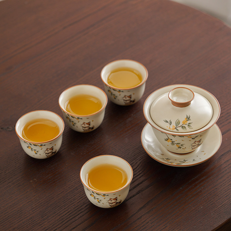 Set de ceai Kung Fu din porțelan Ru Kiln, pentru casă și birou, sală de ceai și recepții, inclusiv gaiwan și cești, set cadou premium