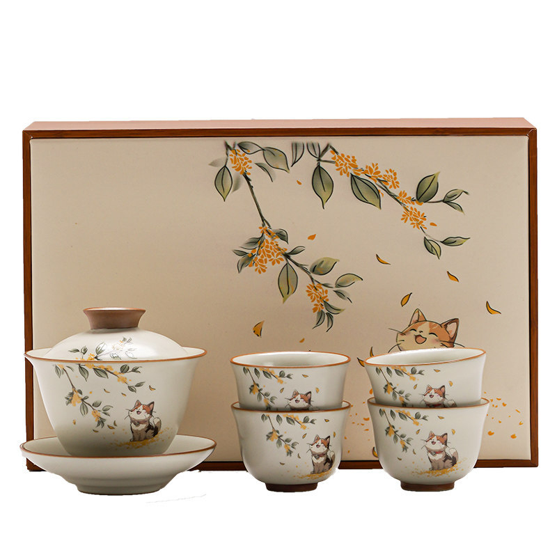 Set de ceai Kung Fu din porțelan Ru Kiln, pentru casă și birou, sală de ceai și recepții, inclusiv gaiwan și cești, set cadou premium