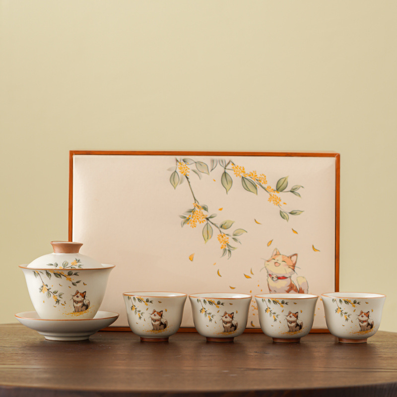 Set de ceai Kung Fu din porțelan Ru Kiln, pentru casă și birou, sală de ceai și recepții, inclusiv gaiwan și cești, set cadou premium