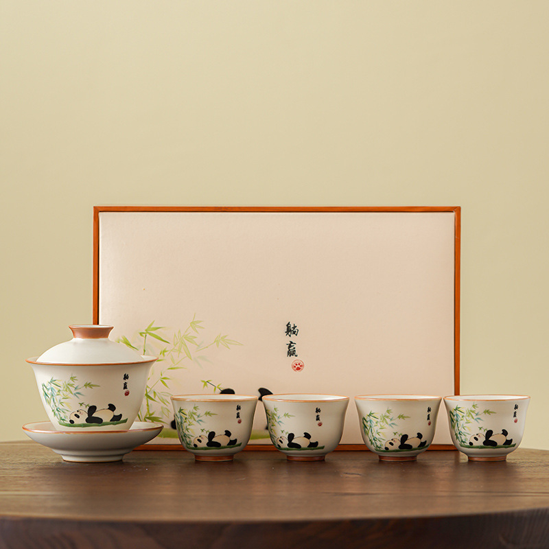 Set de ceai Kung Fu din porțelan Ru Kiln, pentru casă și birou, sală de ceai și recepții, inclusiv gaiwan și cești, set cadou premium