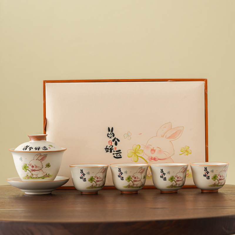 Set de ceai Kung Fu din porțelan Ru Kiln, pentru casă și birou, sală de ceai și recepții, inclusiv gaiwan și cești, set cadou premium
