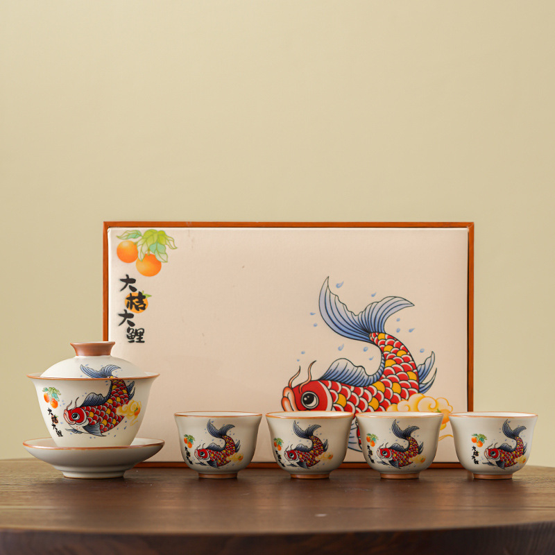 Set de ceai Kung Fu din porțelan Ru Kiln, pentru casă și birou, sală de ceai și recepții, inclusiv gaiwan și cești, set cadou premium