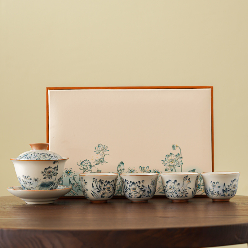 Set de ceai Kung Fu din porțelan Ru Kiln, pentru casă și birou, sală de ceai și recepții, inclusiv gaiwan și cești, set cadou premium