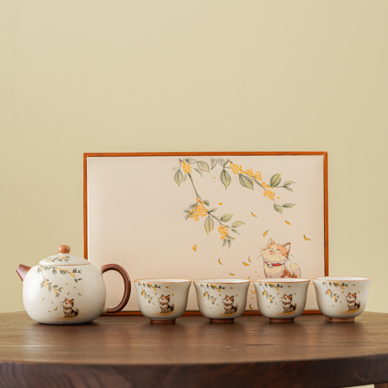 Set de ceai Kung Fu din porțelan Ru Kiln, pentru casă și birou, sală de ceai și recepții, inclusiv gaiwan și cești, set cadou premium