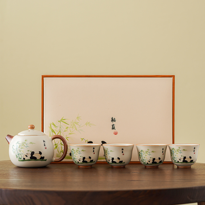 Set de ceai Kung Fu din porțelan Ru Kiln, pentru casă și birou, sală de ceai și recepții, inclusiv gaiwan și cești, set cadou premium