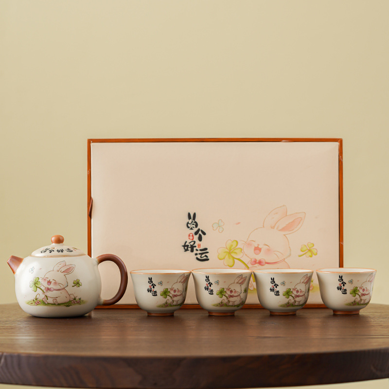 Set de ceai Kung Fu din porțelan Ru Kiln, pentru casă și birou, sală de ceai și recepții, inclusiv gaiwan și cești, set cadou premium