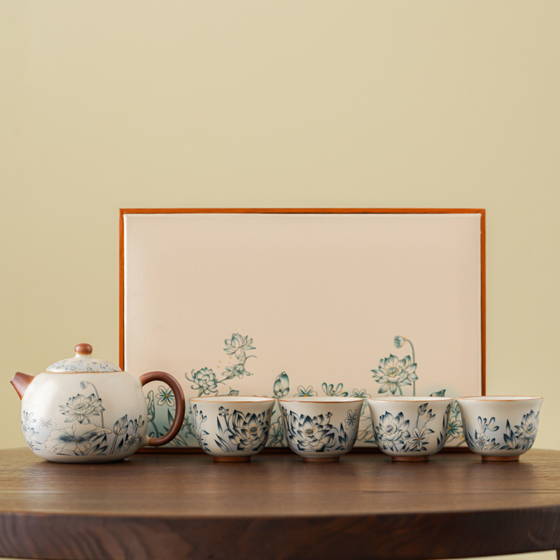 Set de ceai Kung Fu din porțelan Ru Kiln, pentru casă și birou, sală de ceai și recepții, inclusiv gaiwan și cești, set cadou premium